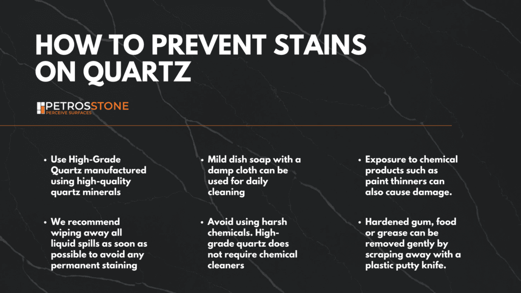 Ways to prevent stains on Quartz. Tips on how to prevent stains on quartz coutnertops. Tips to take care of quartz countertops.