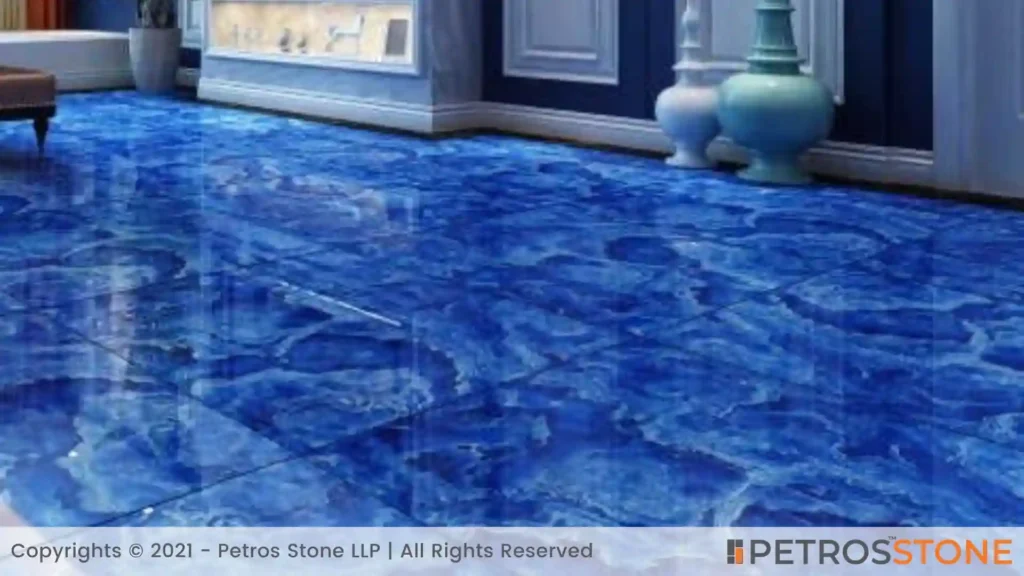 Marble tiles in varying shades of blue for a coastal vibe