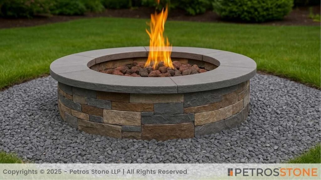 Mixed-material fire pit (stone, veneer, and crushed rock)