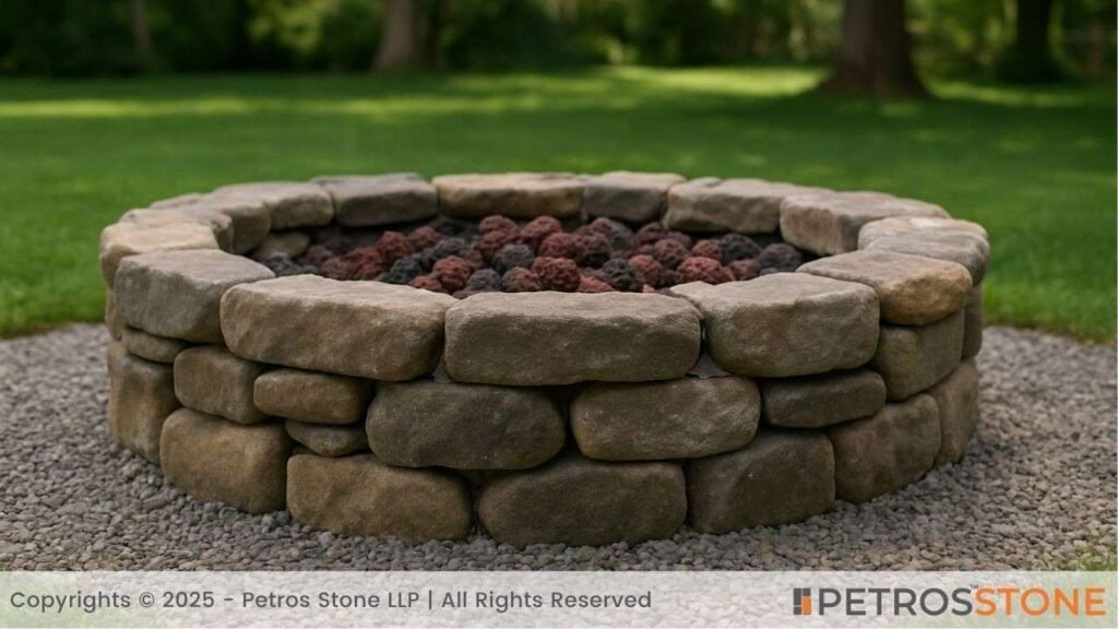 Rustic fieldstone fire ring with lava rock interior