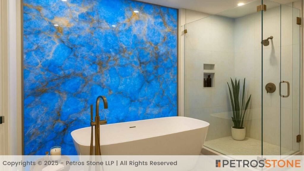 Cristallo Blue Quartzite Bathroom Interior