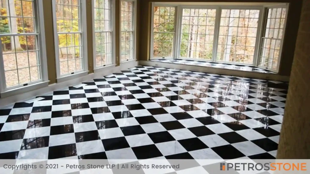 Black and white checkered marble flooring design