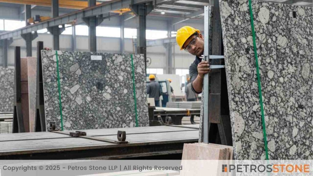Granite Slabs in Factory, Measuring Thickness