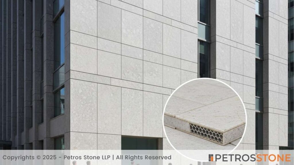 Exteriors Honeycomb-supported thin stone tiles are prevalent in offices, malls, and hotels