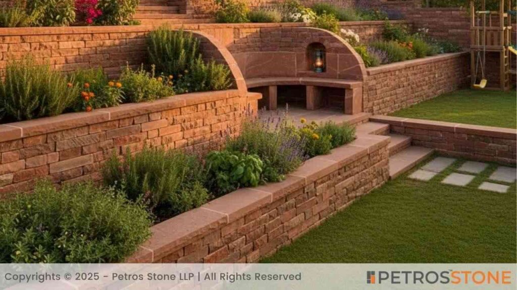 Indian Red Sandstone Retaining Walls and Garden Features