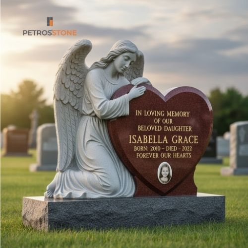 Angel Embracing Heart Headstone