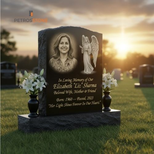 Custom Etched Portrait Angel Headstone