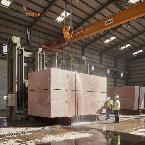 Cutting Diamond wire saws slice the blocks into slabs or tiles