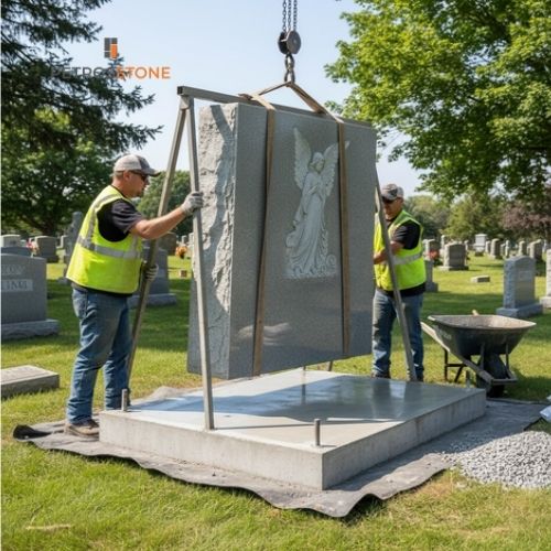 Granite Angel Headstone Installation