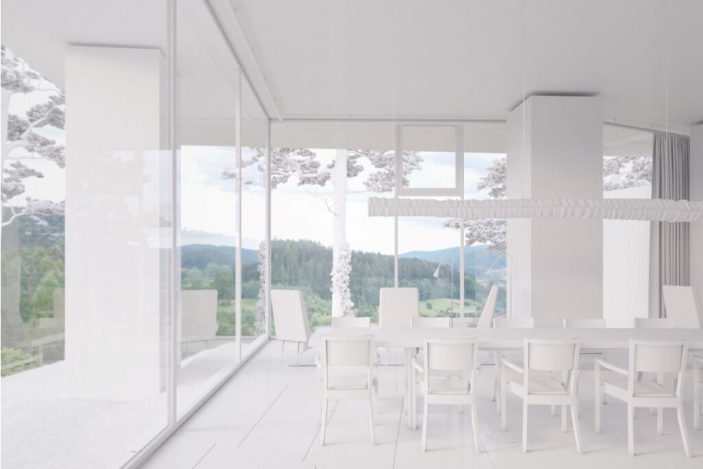 A 3D clay-render showing a white model version of the contemporary dining room and forest view