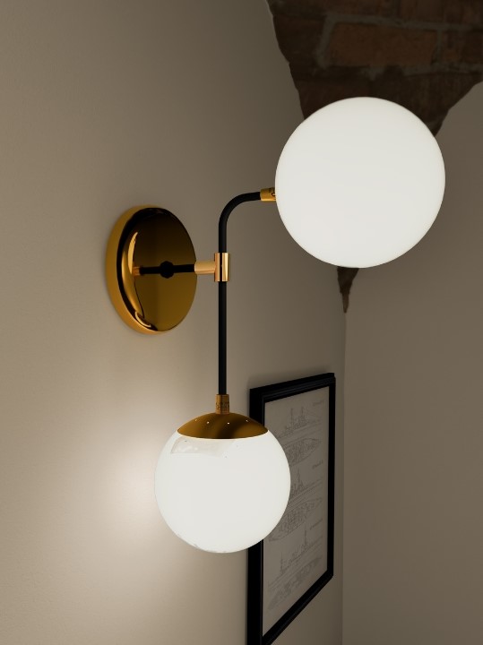 A 3D render of a dual-globe wall sconce light fixture with elegant black stems and polished gold accents.