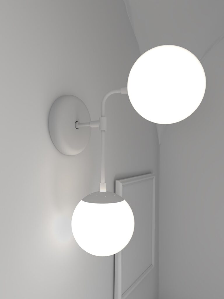 A minimalist 3D render of a dual-globe wall sconce light fixture finished entirely in matte white.