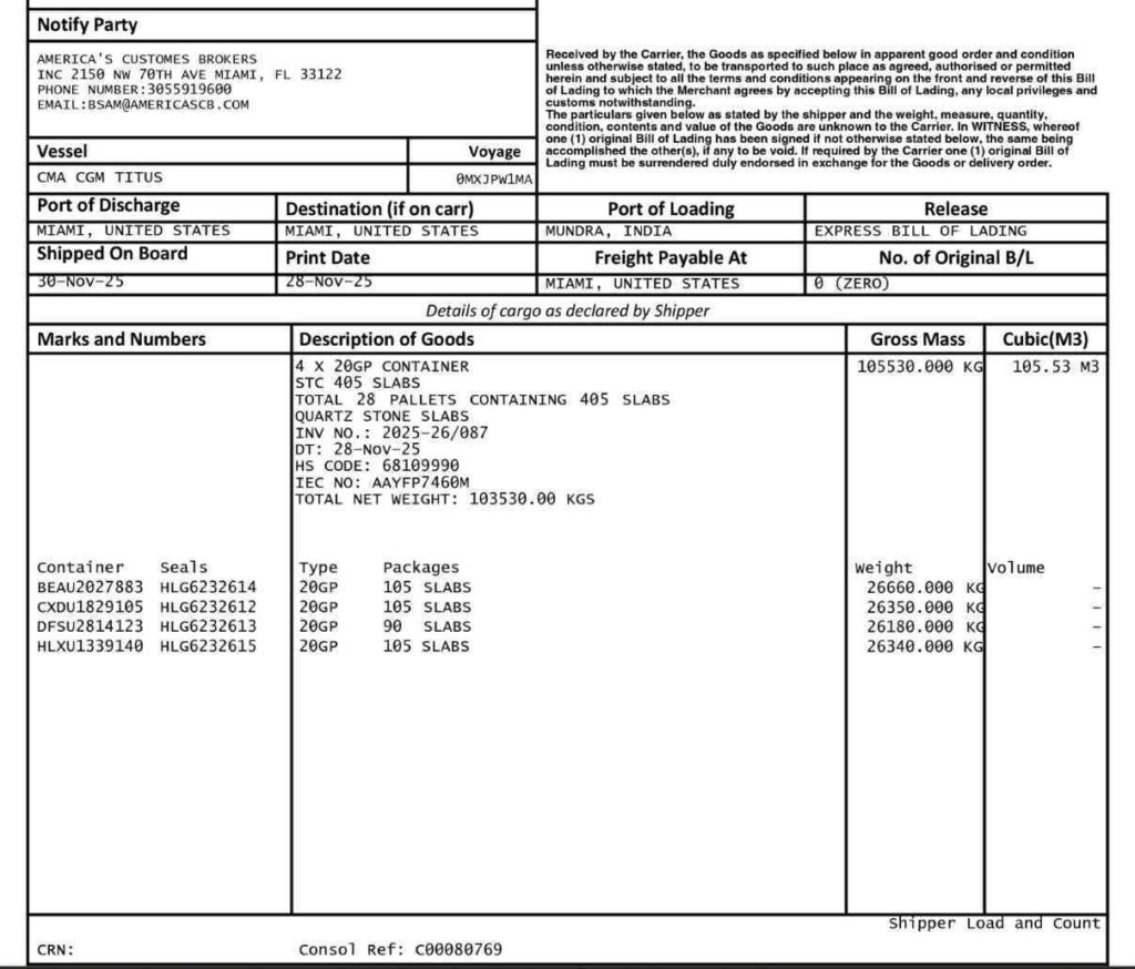 Bill of Lading document detailing the export of four containers of Patagonia Quartzite stone slabs from Mundra, India, to Miami, United States by Petros Stone LLP.