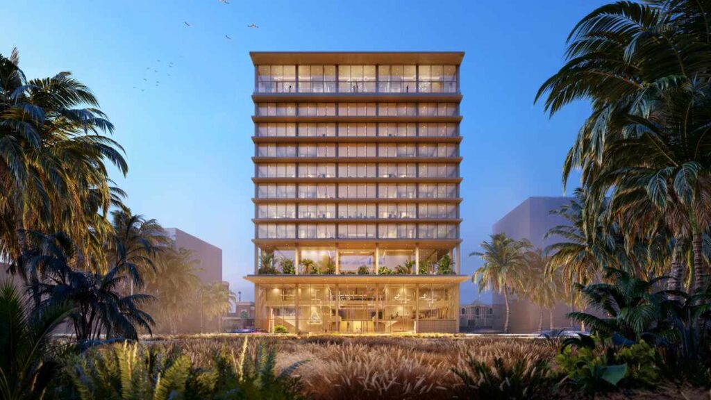 Family Headquarters, Dammam, Saudi Arabia A timeless glass-fronted corporate landmark rising amidst palm canopies.