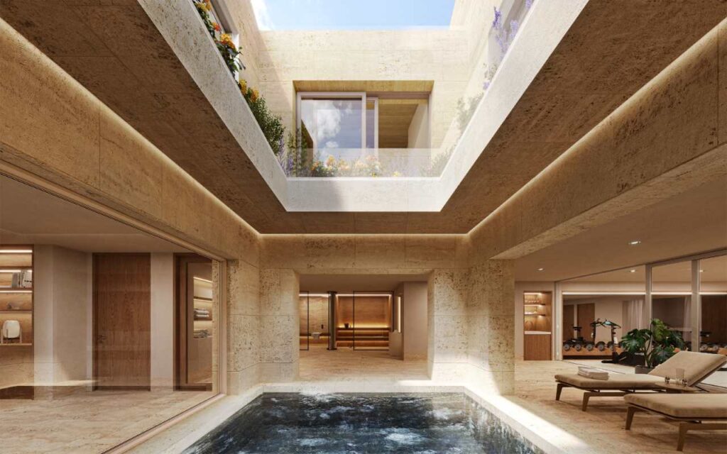 Villa Marbella Underground Spa, Marbella, Spain Pure stone cladding surrounding a secluded indoor pool courtyard.