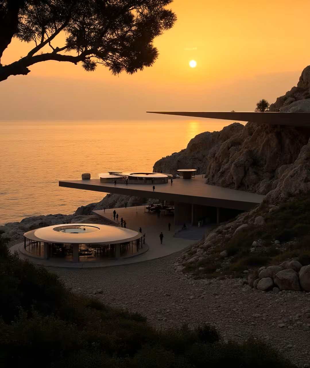 cliffside pavilions at golden-hour sunset