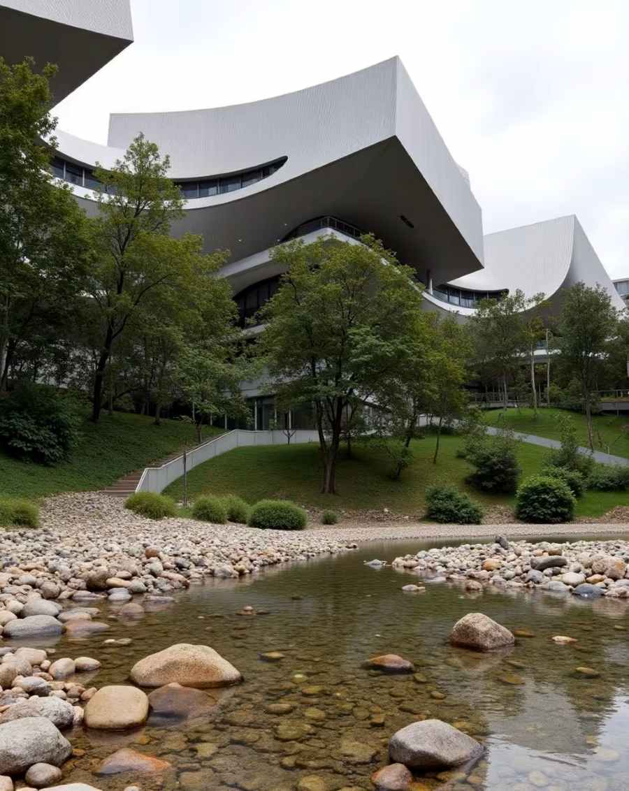 concrete building cantilevering over a rocky stream, wrapped in greenery