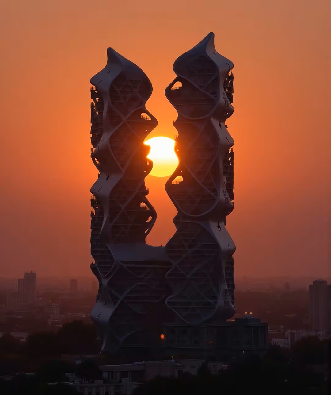 sculptural twin-tower silhouette, sun between the peaks